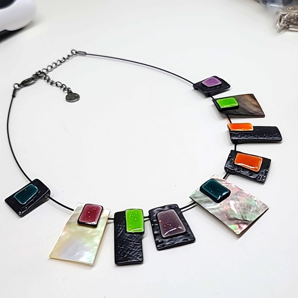 Ikita Paris Vintage 1990's Iridescent Enamel & Shell Ultra Modern Necklace